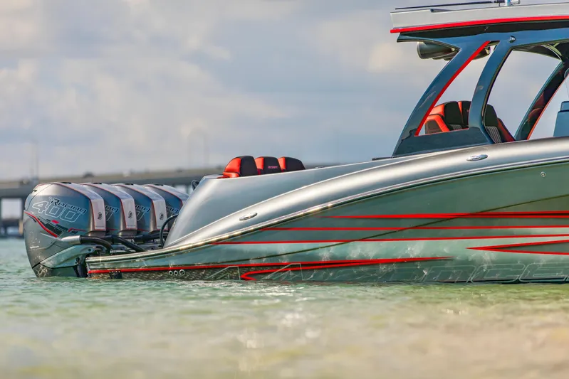  Yacht Photos Pics 2021 Concept 44' Open Deck boat with multiple engines, sleek design, and vibrant accents.