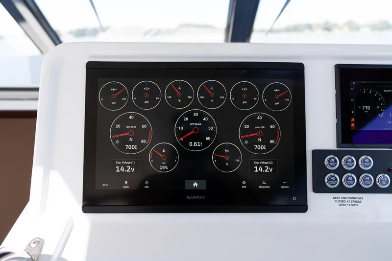 Middle Path Yacht Photos Pics Dashboard of 2023 MJM Yachts 4 with digital gauges and controls.