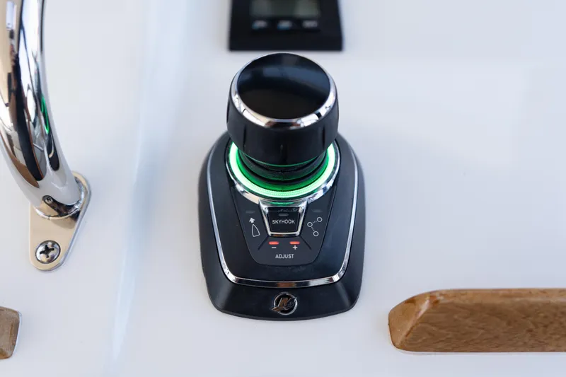 Middle Path Yacht Photos Pics Joystick control on 2023 MJM Yachts 4, featuring advanced navigation technology.