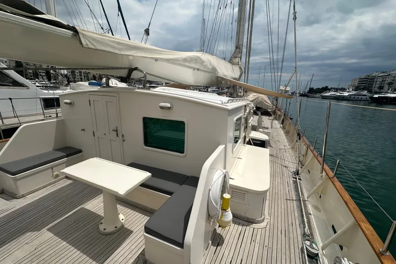 Amazon Yacht Photos Pics Vintage 1949 Liding&ouml;verken J.A. &Aring;berg yacht with deck seating and table, docked in marina.