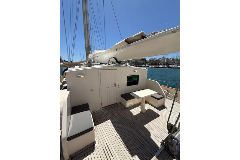 Amazon Yacht Photos Pics 1949 Vintage Liding&ouml;verken J.A. &Aring;berg yacht deck with seating, table, and ocean view.