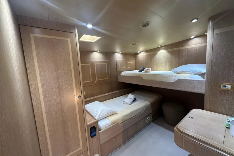 Amazon Yacht Photos Pics Vintage 1949 Liding&ouml;verken J.A. &Aring;berg cabin interior with wooden bunk beds and soft lighting.