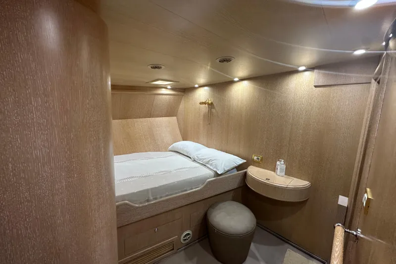 Amazon Yacht Photos Pics Cozy vintage cabin interior with wooden walls, bed, and soft lighting, 1949 Liding&ouml;verken J.A. &Aring;berg.