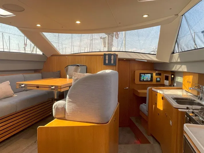 Off The Grid Yacht Photos Pics 2024 Southerly 420 yacht interior with modern kitchen, dining area, and panoramic windows.