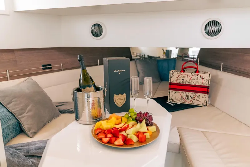  Yacht Photos Pics Luxurious interior of 2016 Vanquish Yachts 48 with champagne, fruit platter, and designer bag.