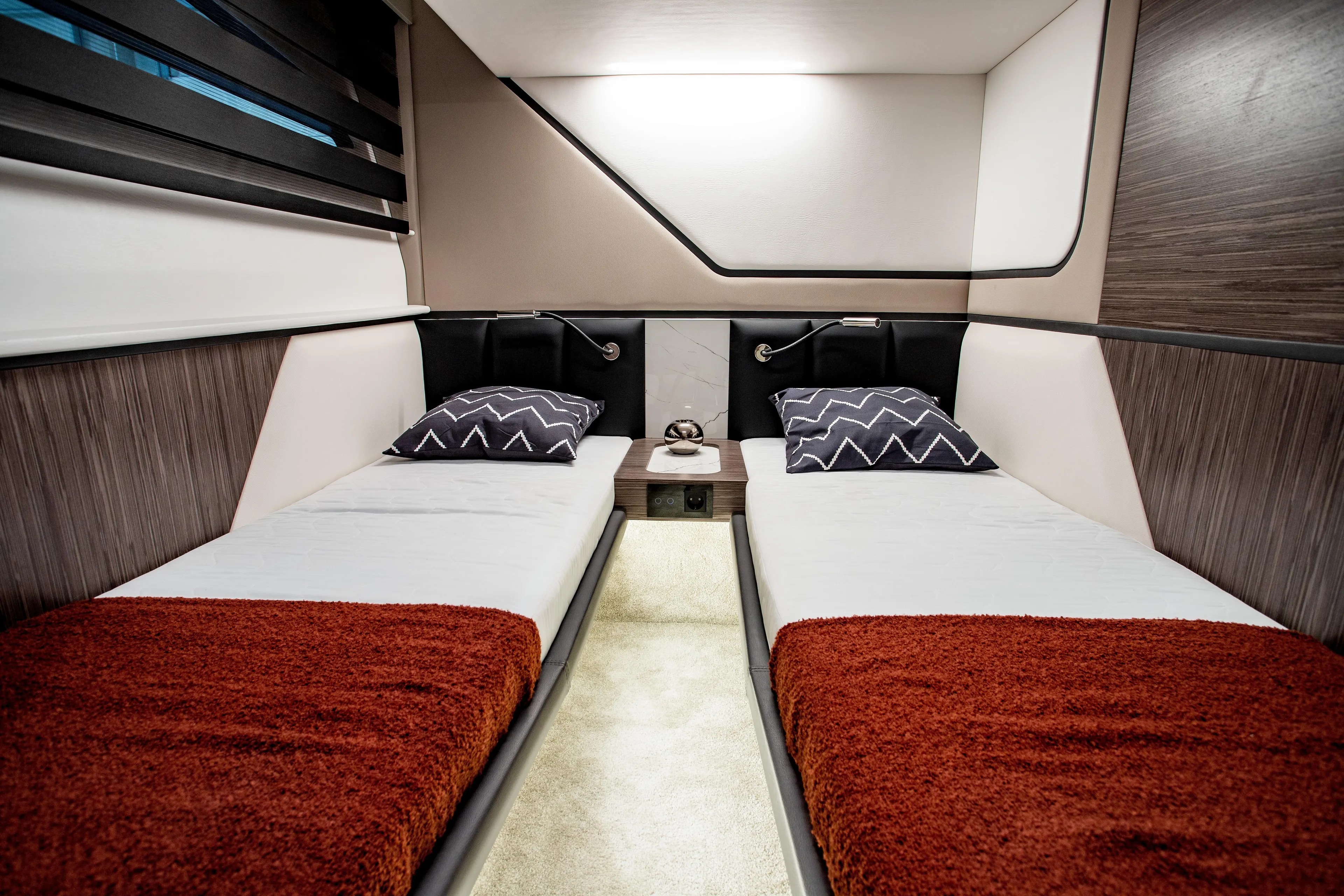  Yacht Photos Pics Luxurious twin cabin interior of 2025 Cobrey 42 FLY yacht with modern design.