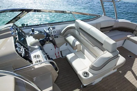 Wet Benefits Yacht Photos Pics Manufacturer Provided Image: 2015 Formula 370 Super Sport boat interior with luxurious seating and modern controls.
