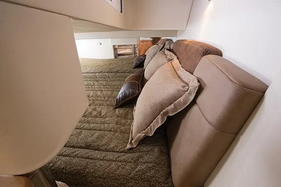 Wet Benefits Yacht Photos Pics Manufacturer Provided Image: 2015 Formula 370 Super Sport cabin interior with plush bedding and pillows.