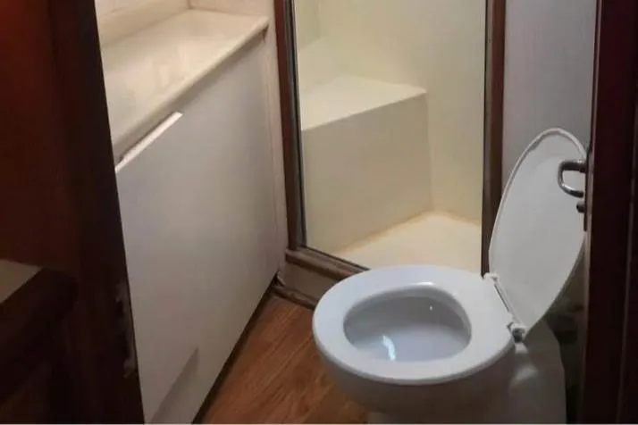 Double Deese Yacht Photos Pics 1989 Viking fish model bathroom with toilet and shower area.