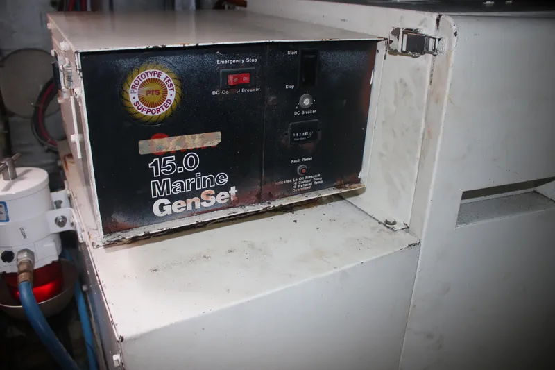 Double Deese Yacht Photos Pics 15.0 Marine GenSet on Viking fish model, 1989, with control panel and emergency stop.
