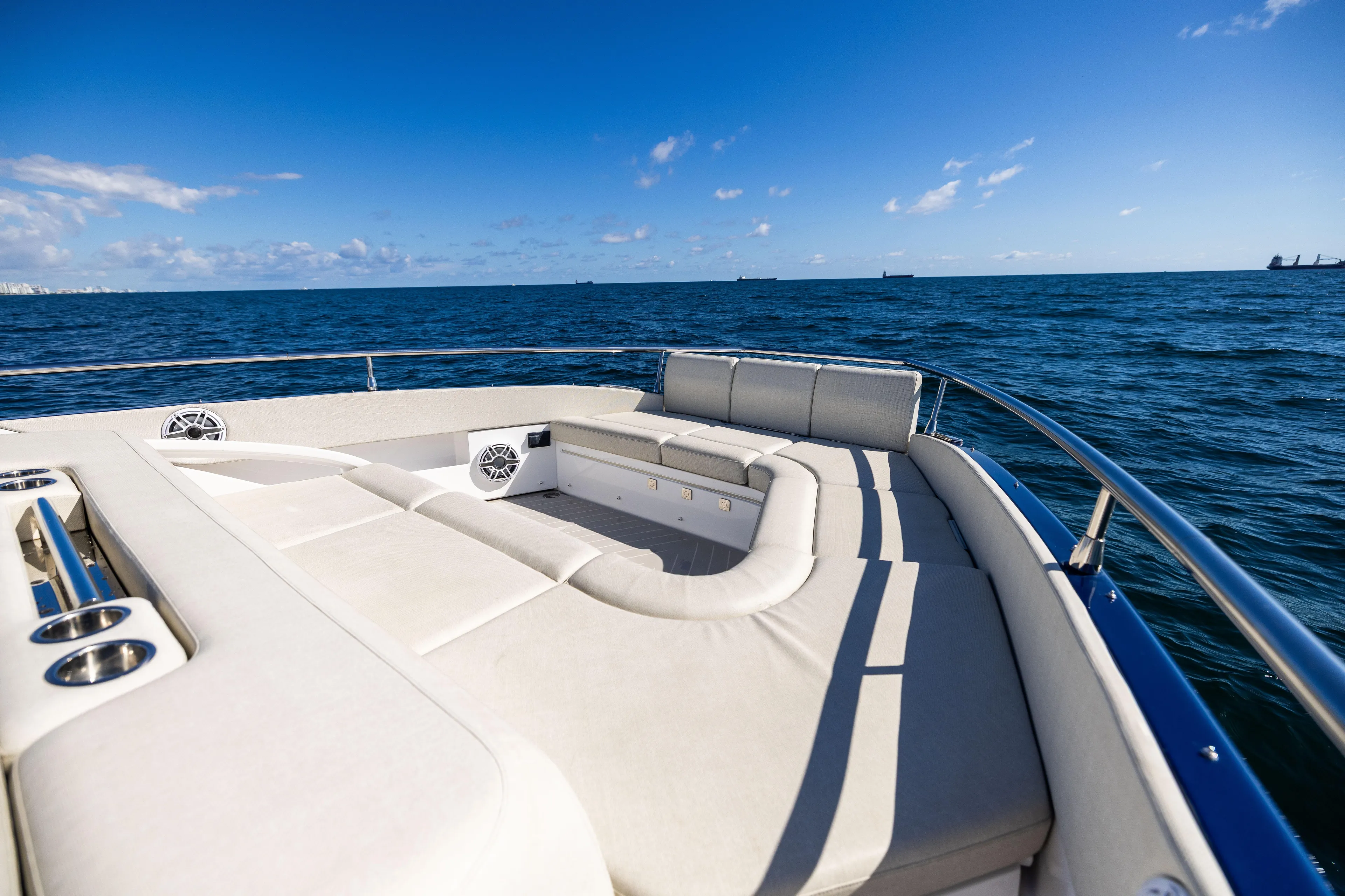  Yacht Photos Pics Luxurious 2022 Azimut Verve 47 yacht with spacious deck, cruising on open sea.