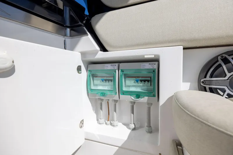  Yacht Photos Pics Electrical panel on 2022 Azimut Verve 47 yacht, featuring circuit breakers and speaker.