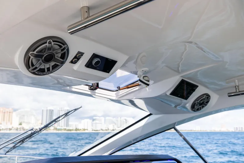  Yacht Photos Pics Interior view of 2022 Azimut Verve 47 yacht with speakers and control panel.