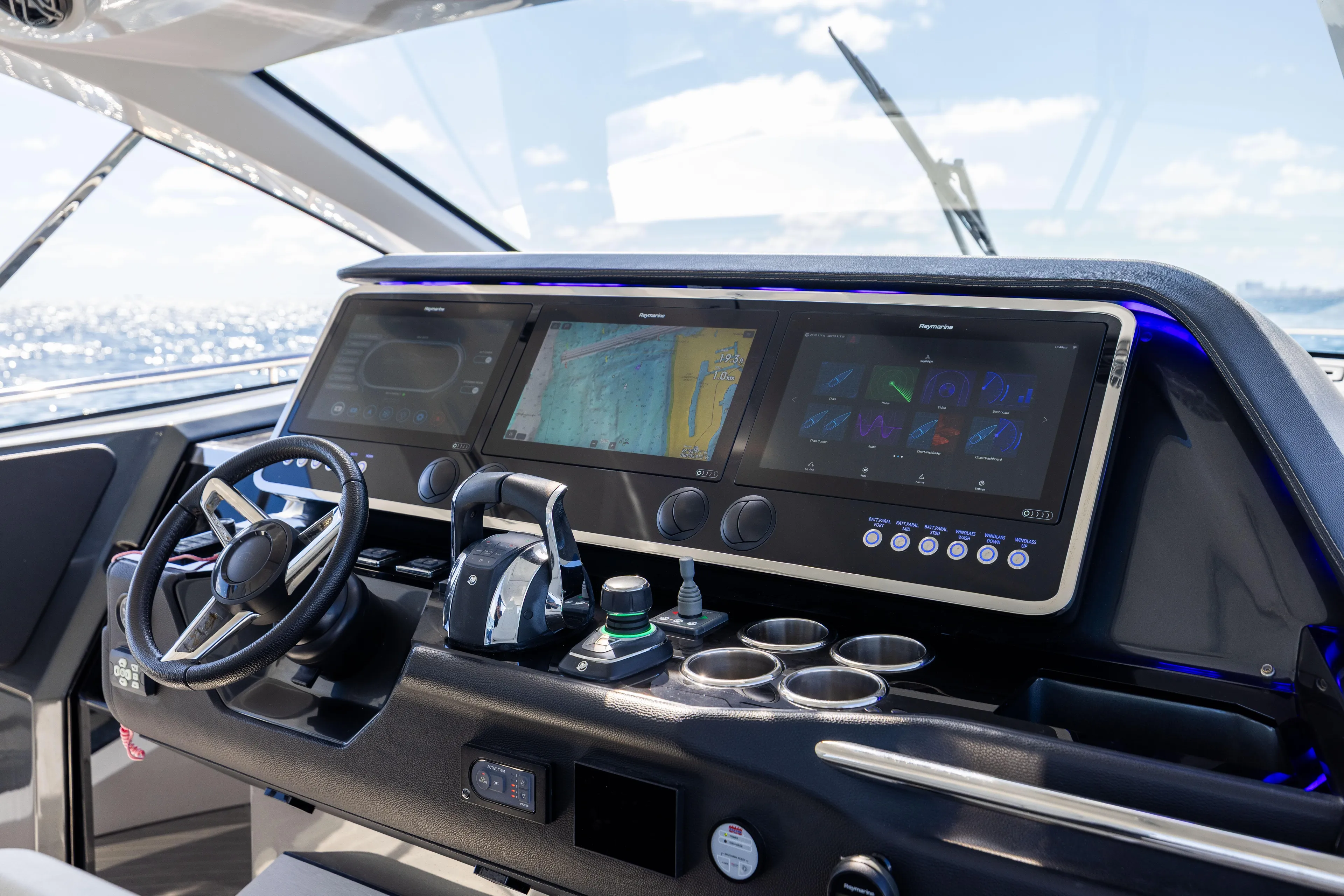  Yacht Photos Pics 2022 Azimut Verve 47 yacht helm with advanced navigation displays and controls.