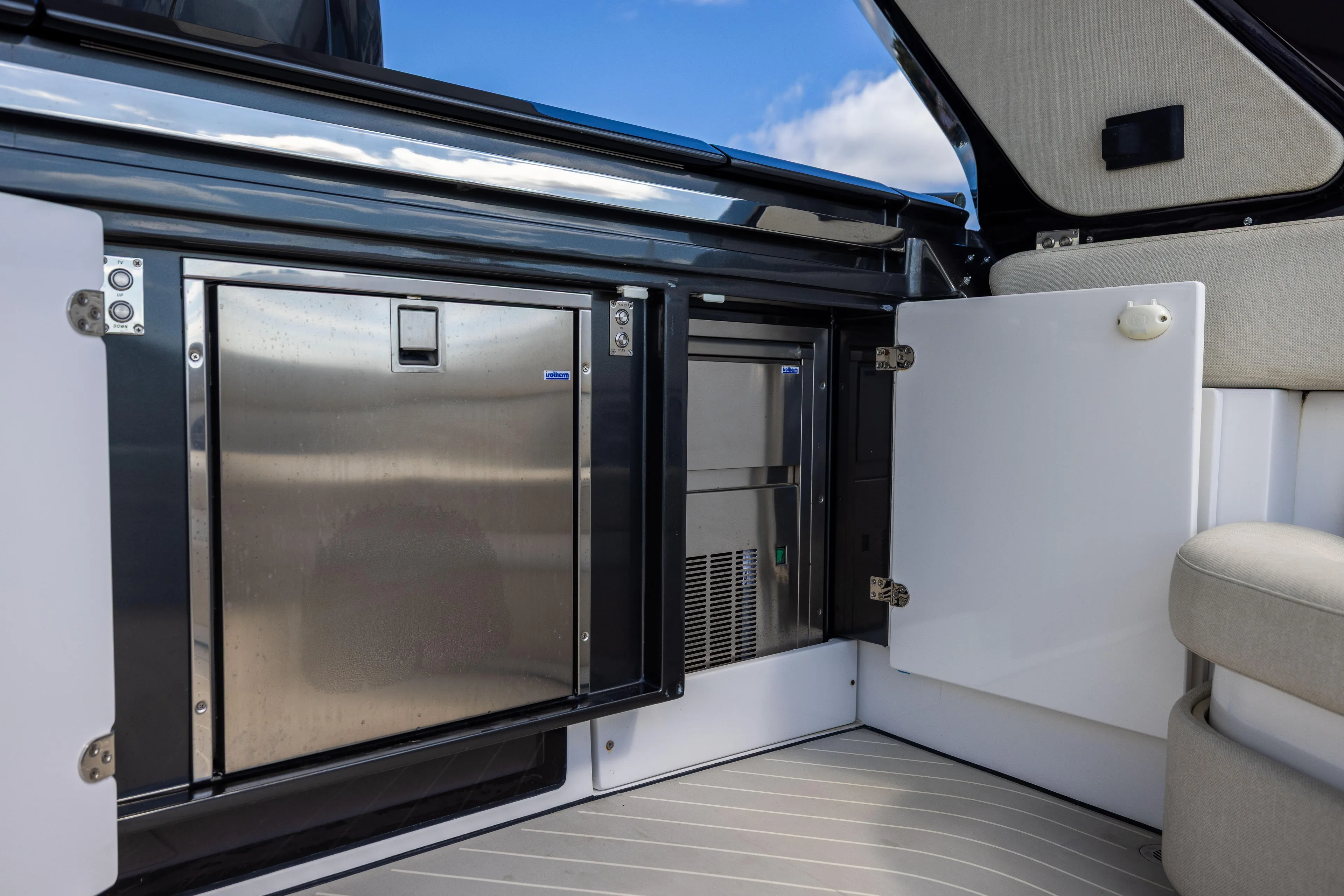  Yacht Photos Pics 2022 Azimut Verve 47 yacht interior with stainless steel appliances and modern design.