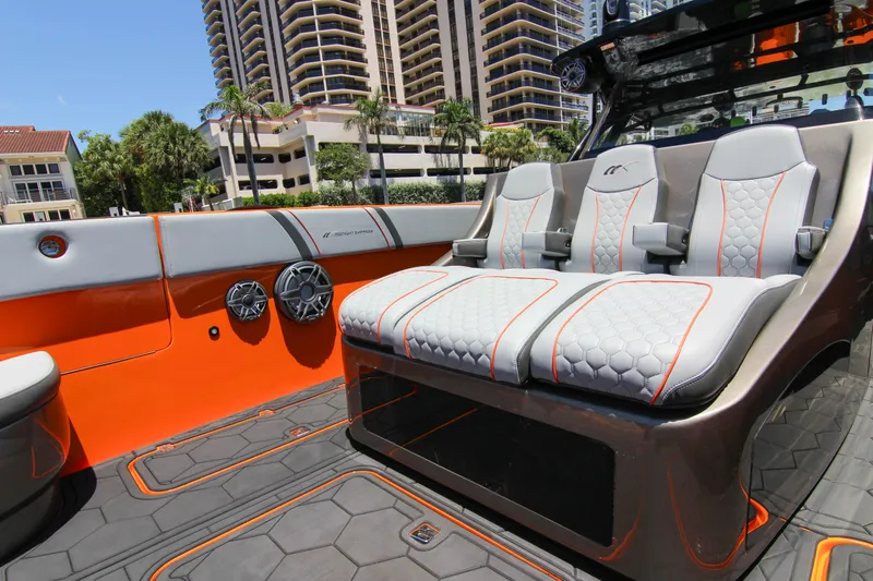  Yacht Photos Pics 2022 Midnight Express 43 Open boat interior with stylish seating and modern design.