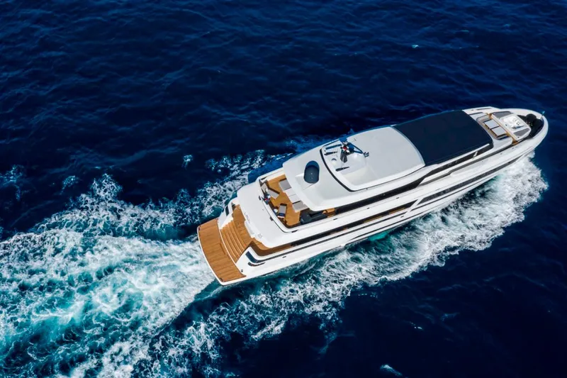 L.a.u.l. Yacht Photos Pics Aerial view of 2019 ISA Extra 130 Alloy yacht cruising on the ocean.