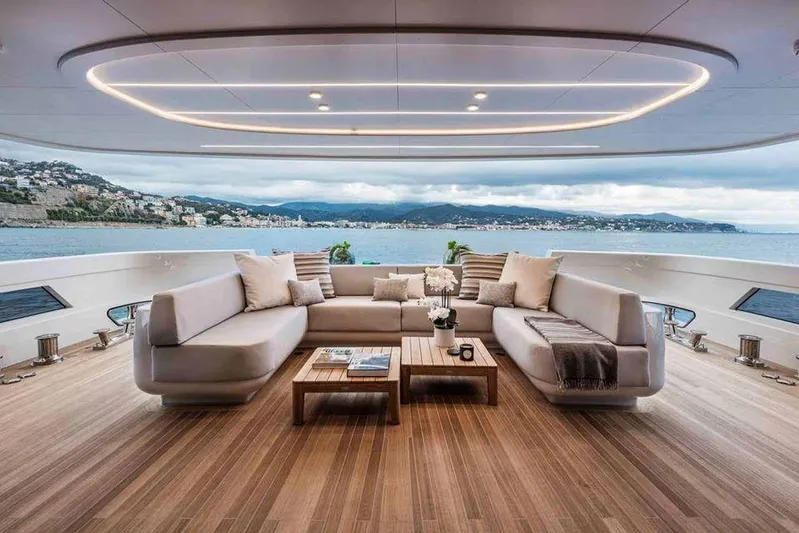 L.a.u.l. Yacht Photos Pics Luxurious yacht deck with modern seating, ocean view; ISA Extra 130 Alloy, 2019 model.
