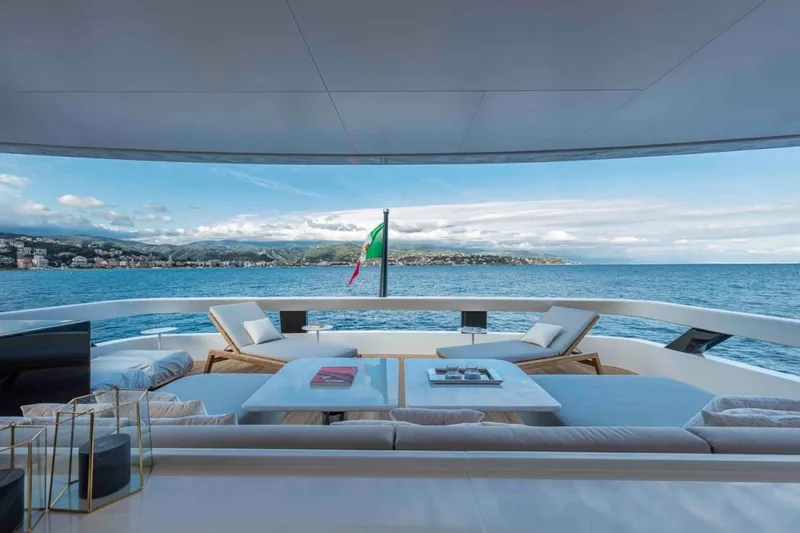 L.a.u.l. Yacht Photos Pics Luxurious 2019 ISA Extra 130 Alloy yacht deck with ocean view and elegant seating.