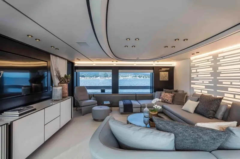 L.a.u.l. Yacht Photos Pics Luxurious interior of 2019 ISA Extra 130 Alloy yacht with modern furnishings and sea view.