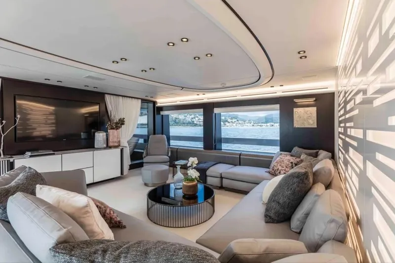 L.a.u.l. Yacht Photos Pics Luxurious interior of 2019 ISA Extra 130 Alloy yacht with modern decor and sea view.