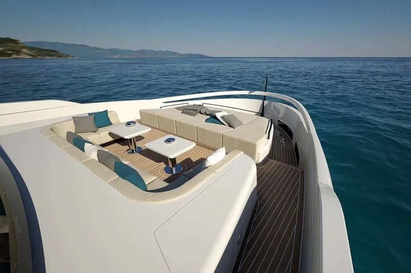 L.a.u.l. Yacht Photos Pics Luxurious 2019 ISA Extra 130 Alloy yacht deck with elegant seating and ocean view.