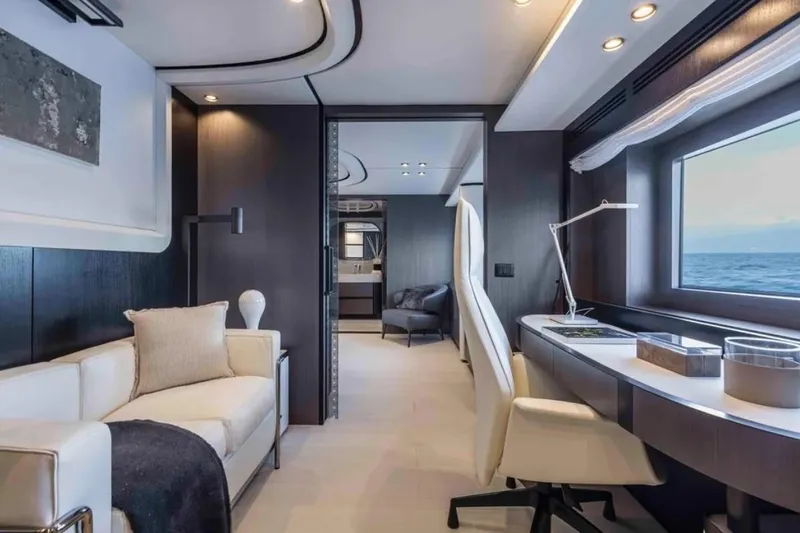 L.a.u.l. Yacht Photos Pics Luxurious interior of 2019 ISA Extra 130 Alloy yacht with modern furnishings and ocean view.