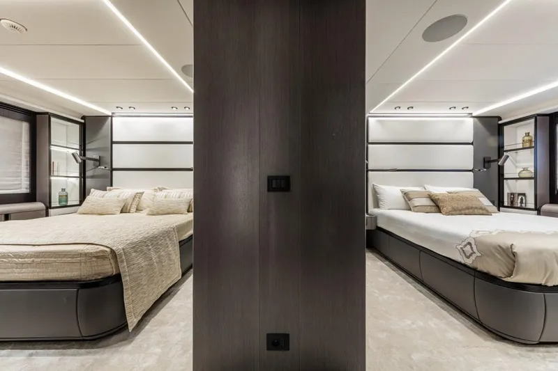L.a.u.l. Yacht Photos Pics Luxurious 2019 ISA Extra 130 Alloy yacht bedroom with modern design and ambient lighting.
