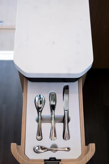 Madness V Yacht Photos Pics Drawer with cutlery set in a Pearl 62, 2022 model.