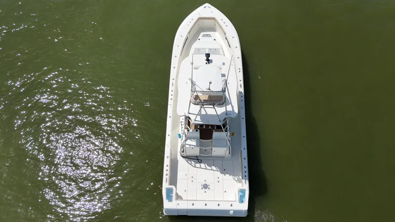Wooocrew Yacht Photos Pics 2015 SeaVee 43 Fish-Around boat, aerial view on calm water.