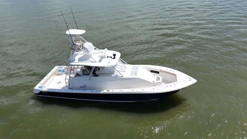 Wooocrew Yacht Photos Pics 2015 SeaVee 43 Fish-Around boat on calm water, aerial view.
