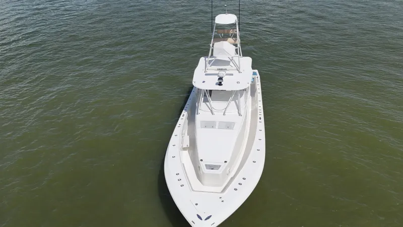 Wooocrew Yacht Photos Pics 2015 SeaVee 43 Fish-Around boat on calm water, aerial view.