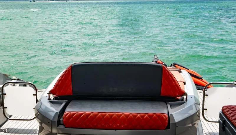 D Padron Yacht Photos Pics Azimut Atlantis 58 yacht's rear seating area overlooking the ocean, 2013 model.