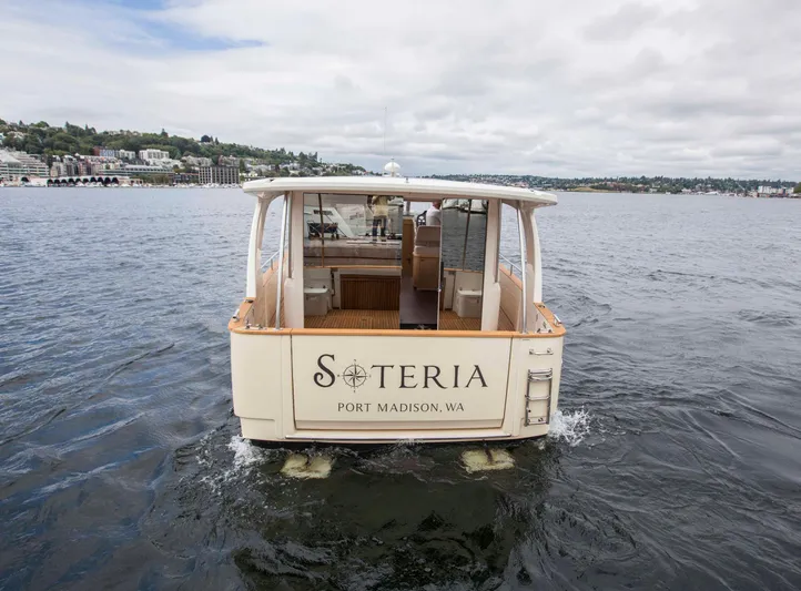 Soteria Yacht Photos Pics 2017 Greenline 40 Hybrid Yacht on water, rear view, Port Madison, WA.