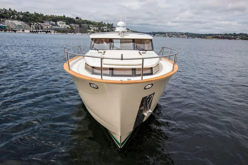 Soteria Yacht Photos Pics 2017 Greenline 40 Hybrid Diesel/Electric Yacht on open water, front view.