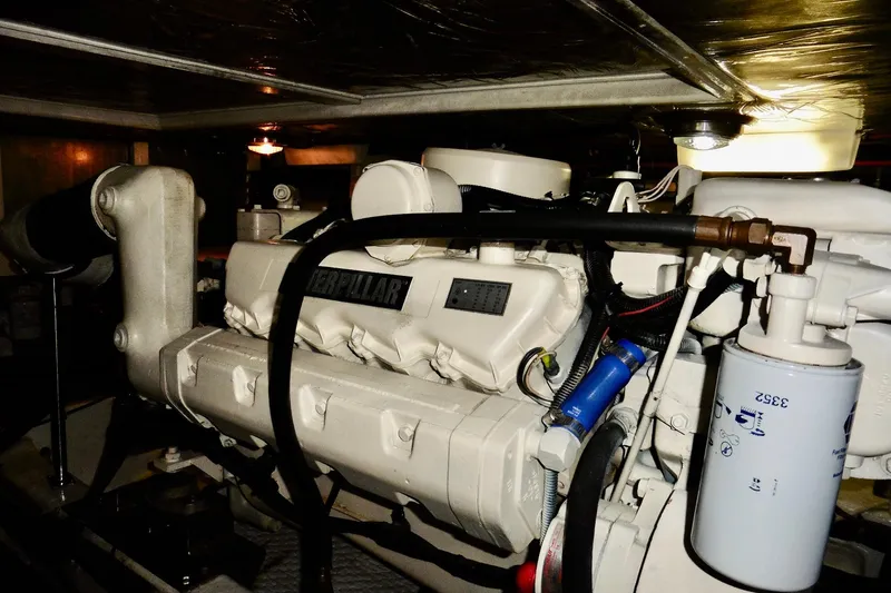 Kokomo Yacht Photos Pics Engine room of 2000 Ocean Alexander 423 Classico with Caterpillar engine.