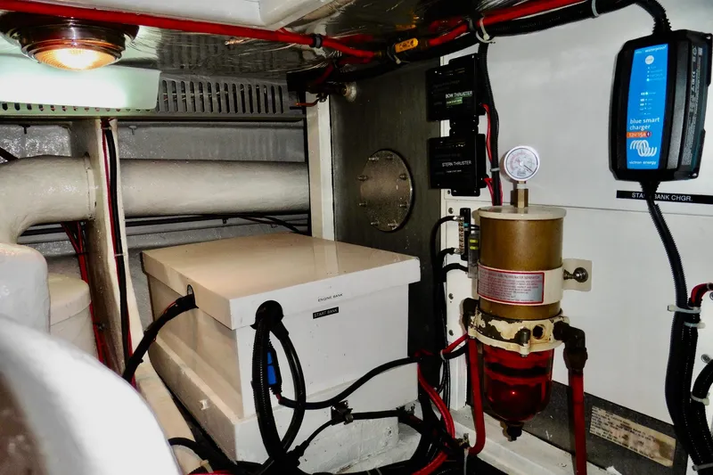 Kokomo Yacht Photos Pics Engine room of 2000 Ocean Alexander 423 Classico with electrical components and fuel filter system.