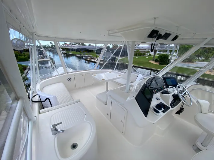Pretty Fine Yacht Photos Pics 2003 Riviera 47 Convertible yacht interior with helm, seating, and waterway view.