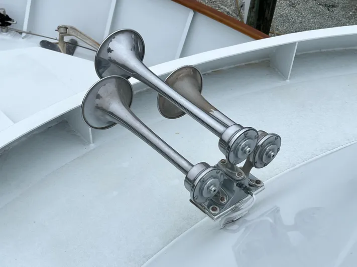 Ain't No Big Thing Yacht Photos Pics Triple air horns on 1988 Custom Steel Motor Yacht deck.