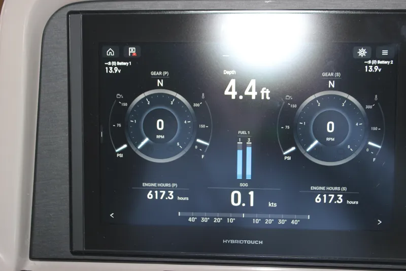  Yacht Photos Pics Dashboard display of 2017 Sea Ray Fly 460 boat showing engine hours and depth.