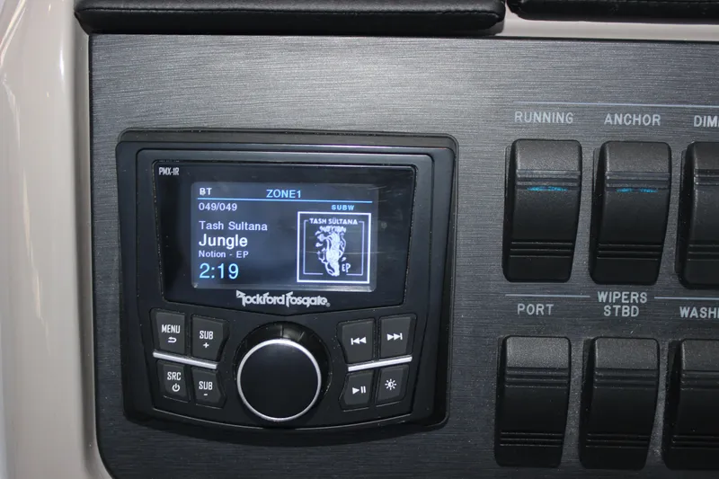  Yacht Photos Pics Control panel of a 2017 Sea Ray Fly 460 with Rockford Fosgate audio system.