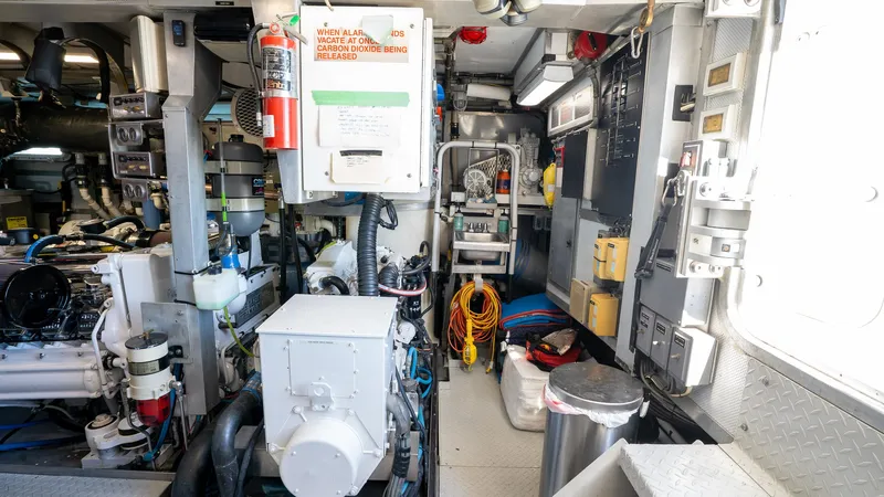  Yacht Photos Pics Engine room of a 1999 Burger 85 Deck house yacht, featuring equipment and safety gear.