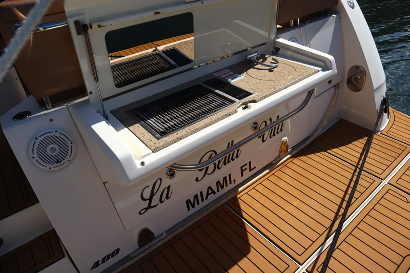  Yacht Photos Pics 2016 Sea Ray Sundancer 400 yacht with outdoor grill, named "La Bella Vita," docked in Miami.