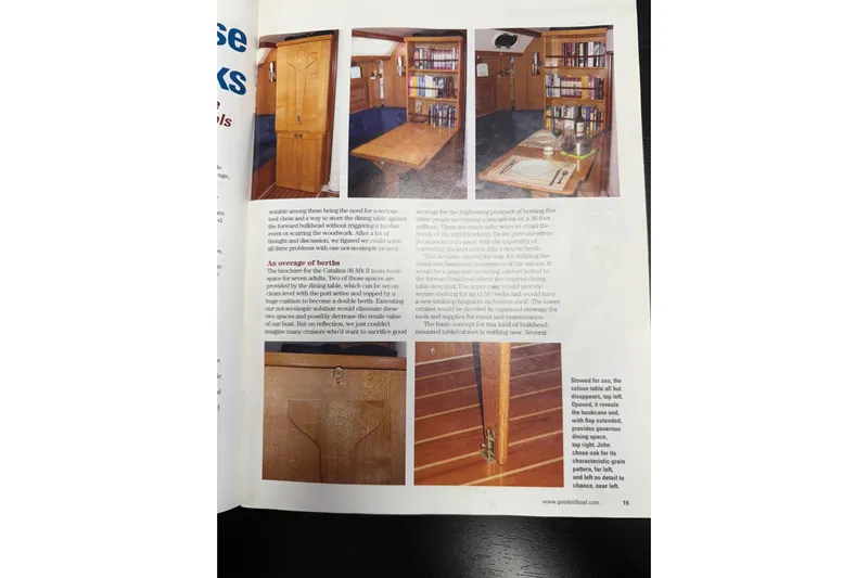 Finisterre Yacht Photos Pics Interior of 2006 Catalina 36 MkII sailboat with dining area and storage solutions.