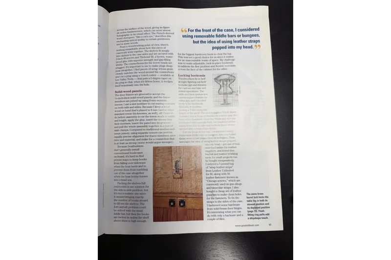 Finisterre Yacht Photos Pics Page from a magazine featuring text and images about woodworking techniques and hardware.