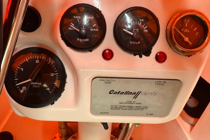 Finisterre Yacht Photos Pics Control panel of a 2006 Catalina 36 MkII yacht with gauges and indicators.