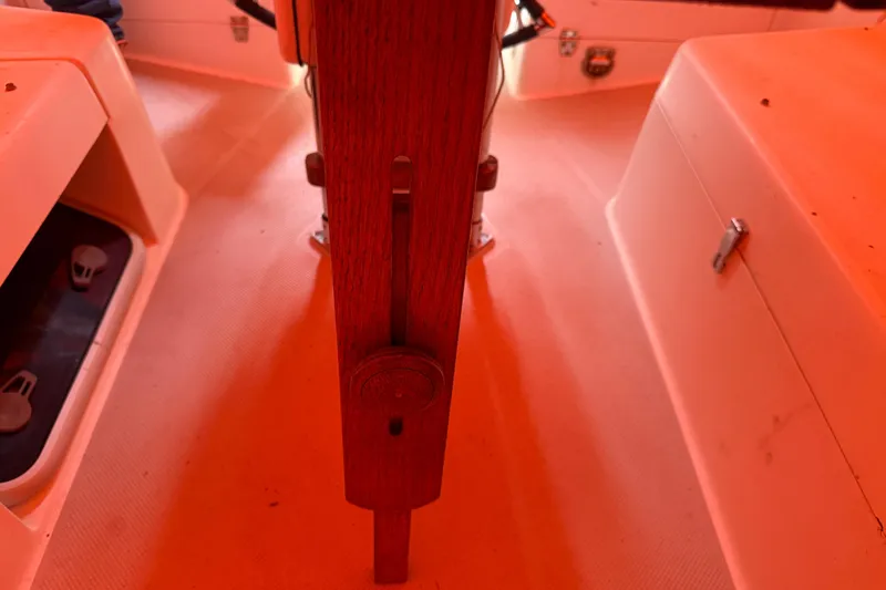 Finisterre Yacht Photos Pics Interior view of 2006 Catalina 36 MkII sailboat with wooden and fiberglass elements.