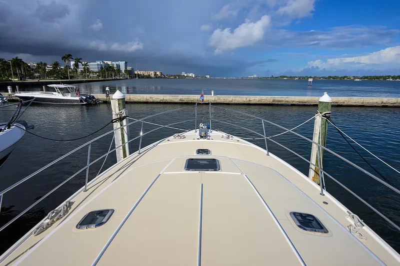 Vienna Yacht Photos Pics 2018 Sabre 48 Salon Express yacht docked with scenic waterfront view.