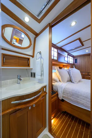 Vienna Yacht Photos Pics Luxurious interior of 2018 Sabre 48 Salon Express yacht with elegant wood finishes.