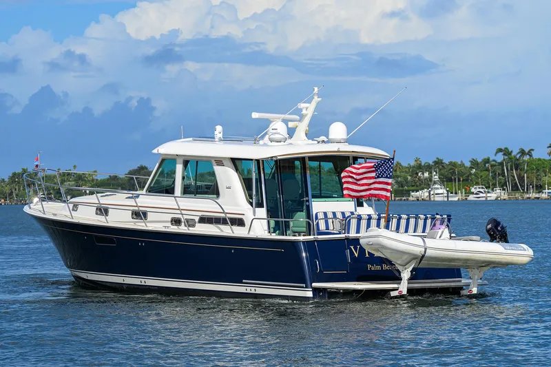 Vienna Yacht Photos Pics 2018 Sabre 48 Salon Express yacht on water with American flag.